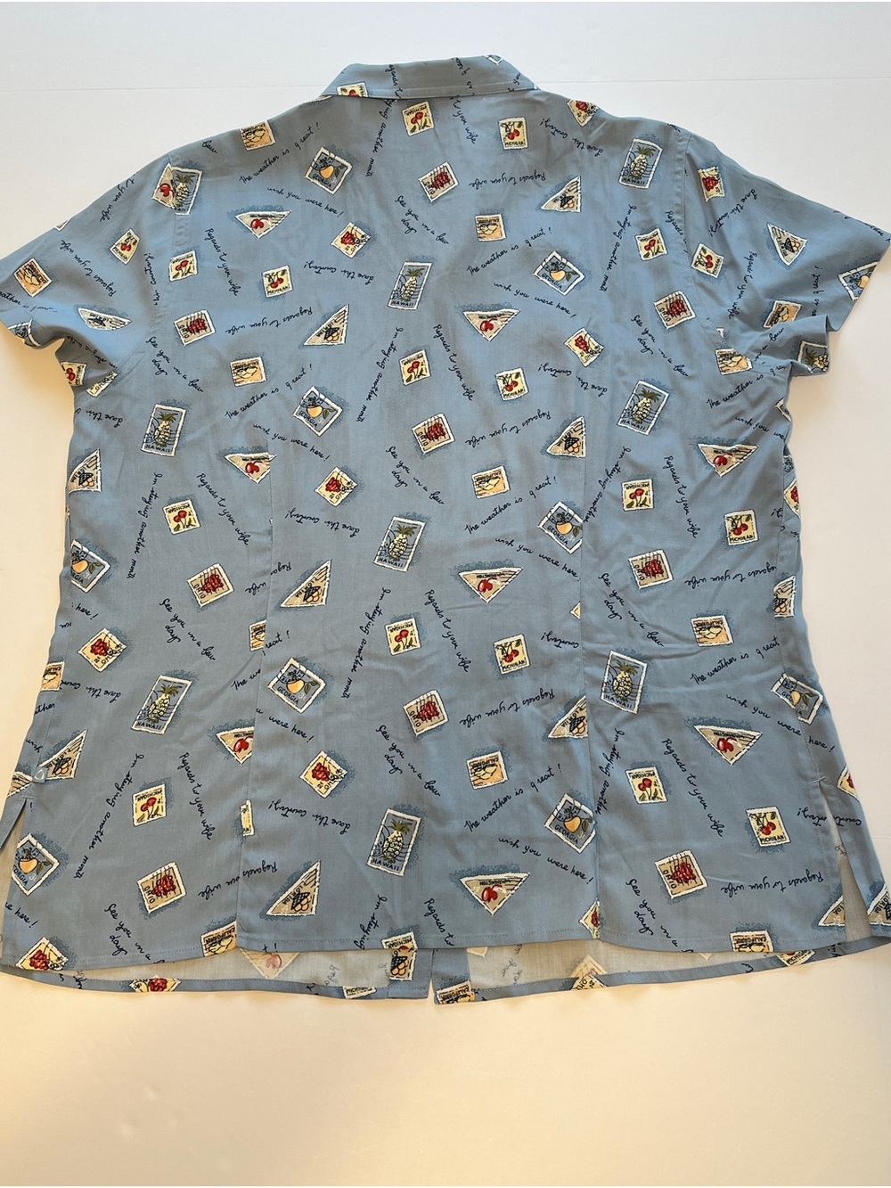 Liz Claiborne 100% silk Pale Blue Button-Down blouse with Postcard Print size L - Picture 3 of 10